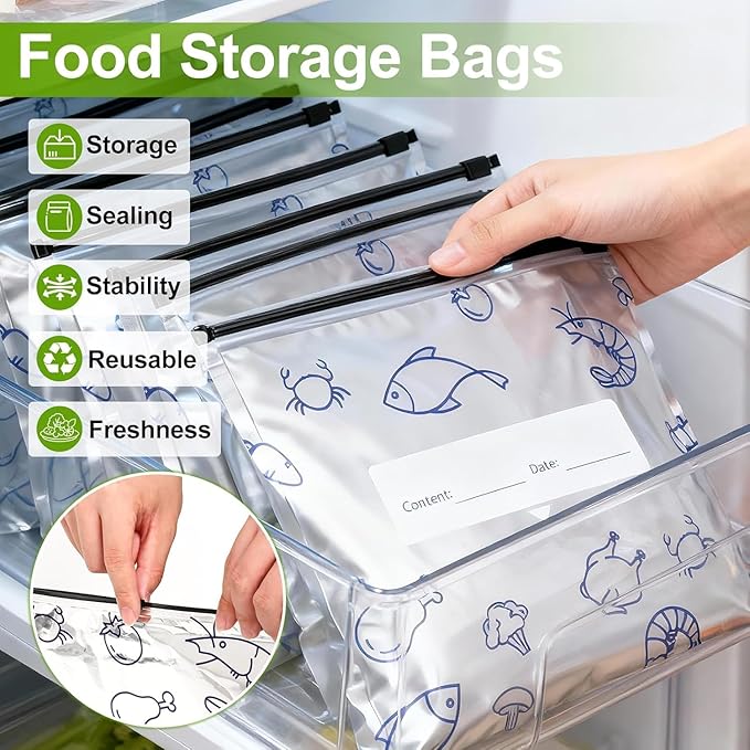 Reusable Aluminum Foil Sealable Storage Bags, 2026 New Resealable Vacuum Zipper Pouches for Food, Stand Up Foil Sealable Bags with Label and Zip Lock for Vegetable Fruit Meat (30PCS, Large)