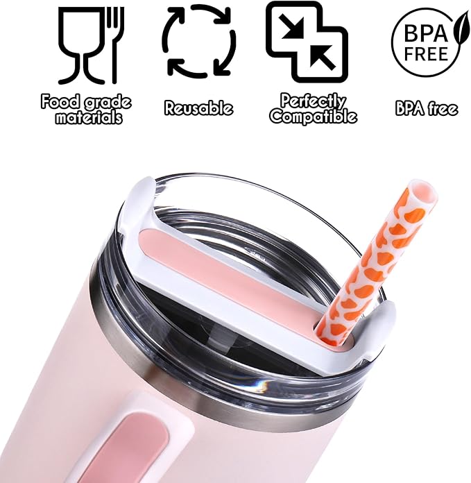AIERSA 8 Pack Leopard Straw Replacement 40oz for Stanley,Plastic Reusable Straw for Stanley Adventure Quencher Travel Tumbler,Long Straws with Cleaning Brush for Stanley Cup Accessories