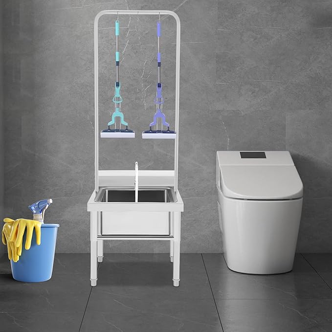 Stainless Steel Floor Mop Sink, Mop sink with Cleaning Tool Rack & Faucet & Drainage, for Laundry Room,Kitchen, Restaurant