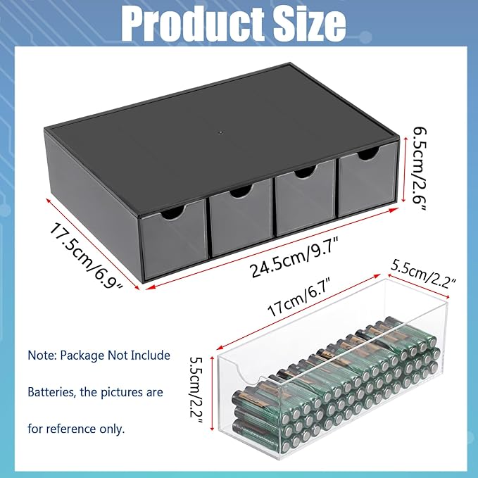 BTSKY 1 Pack Black Acrylic Battery Storage Organizer for AA, AAA, 9V, C Batteries, 4-Drawer Storage Box Battery Holder Organizer for Common Types Batteries, Household Container(Batteries Not Included)