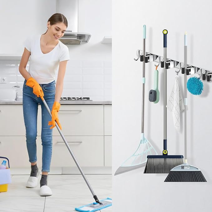 2 Pack Broom Holder Wall Mount Mop Hanger, Stainless Steel 4 Racks 5 Hooks Self Adhesive Heavy Duty Tool Organizer for Garage Kitchen Garden Laundry Room Home (Silver）