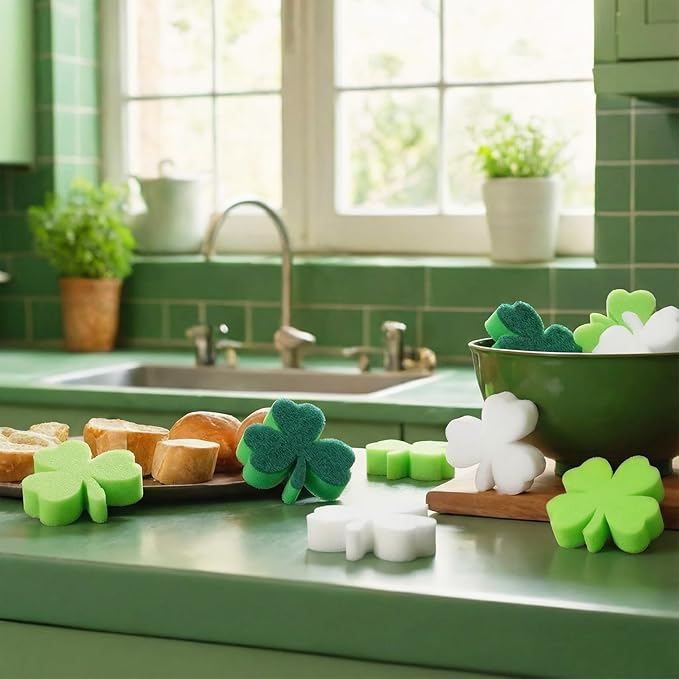 Tioncy 12 Pack St. Patrick's Day Kitchen Sponges Bulk Dual Sided Scrubber Sponges Dishwashing Kitchen Cleaning Accessories for Household Supplies