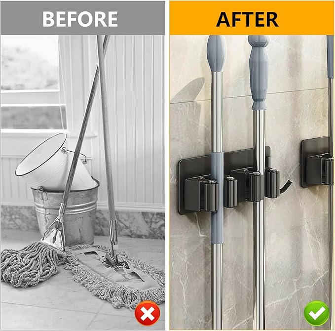 Broom Holder Wall Mount No Drill,Broom and Mop Organizer Wall Hanging Heavy Duty with Hooks Hanger, Self Adhesive Stainless Steel Broom Organizer for Bathroom, Kitchen, Laundry Room Storage (6Pcs)