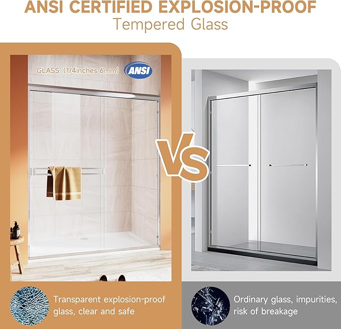 Shower Door 44-48 in. W x 72 in. H, UCALAFEE Semi-Frameless Double Sliding Shower Door with 1/4" (6mm) SGCC Clear Tempered Glass, Silent Soft-Close & Anti-Leak Walk-in Shower Door, Chrome Finish