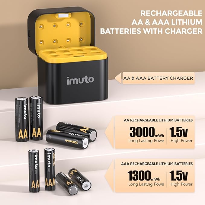 imuto Rechargeable 4 AAA and 4 AA Batteries Lithium with Charger,8 Pack 1.5 V Triple A Double A Batteries Rechargeable, Long Lasting Lithium Battery with Integrated Charging Storage Box