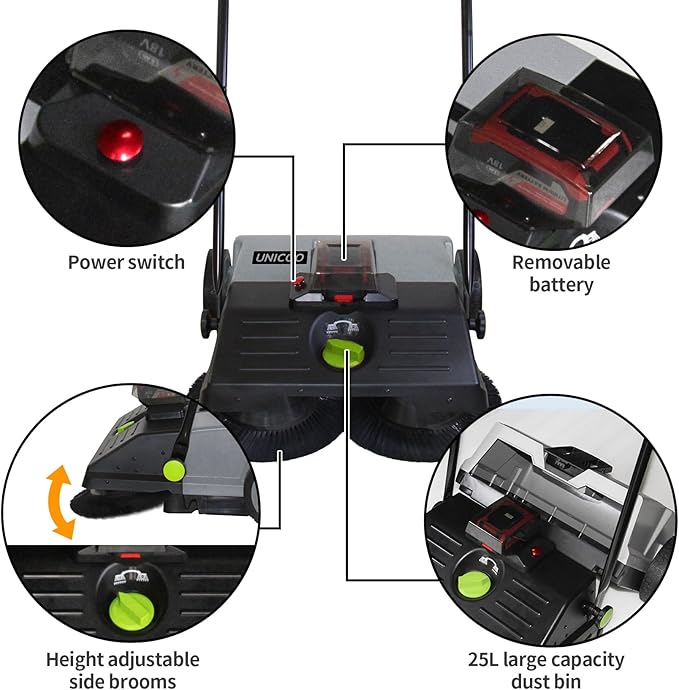 UNICOO® Electric Hand Push Floor Sweeper – Battery Powered Walk-Behind Sweeper with Dual Brush Rollers, 23" Sweeping Width & 6.6 Gallon Waste Bin – Indoor/Outdoor Push Sweeper (Gray)