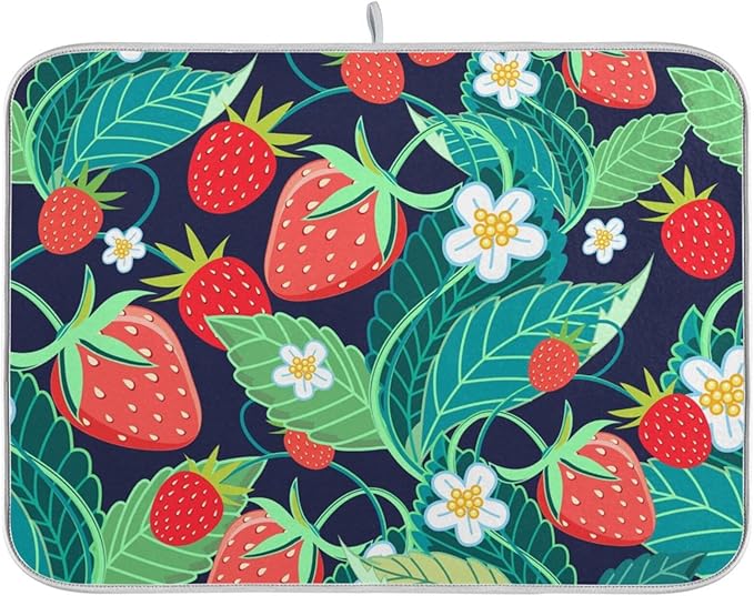 Tarity Green Leaves Red Strawberries Dish Drying Mat for Kitchen Counter Absorbent Heat Resistant Microfiber Dishes Drainer Mat 18x24 in Large Dish Pad Sink Mat Protective Pad Kitchen Decor