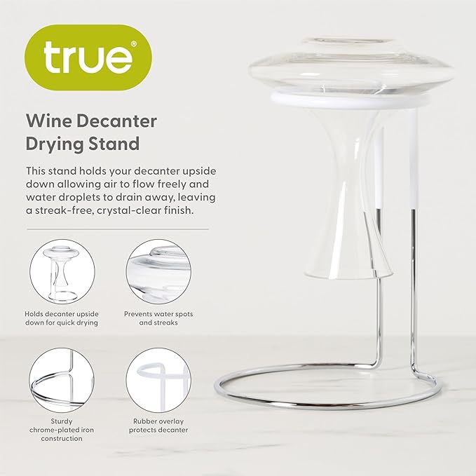 True Wine Decanter Drying Stand and Holder, Essential Accessory Glassware Rack for a Spot-Free Finish, Rubber Coating Protects Glass, Chrome Plated Iron