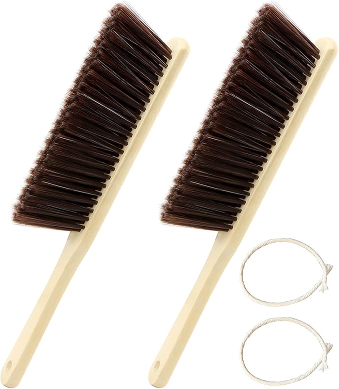 2 Pieces Wooden Hand Broom Brushes, Bench Brush with Long Wood Handle, Soft Bristle Cleaning Dust Brush for Counter, Bench, Car, Furniture, Bed, Woodworking Cleaning(Color:As Shown)
