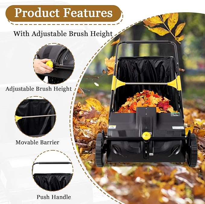 21 Inch Lawn Sweeper Push Hand Powered for Leaves, Grass Clippings & Yard Debris, 4 High-Speed Brushes & Large 7 cu ft Hopper Bag | Adjustable Height, ABS+Steel Frame (21 Inch Black)