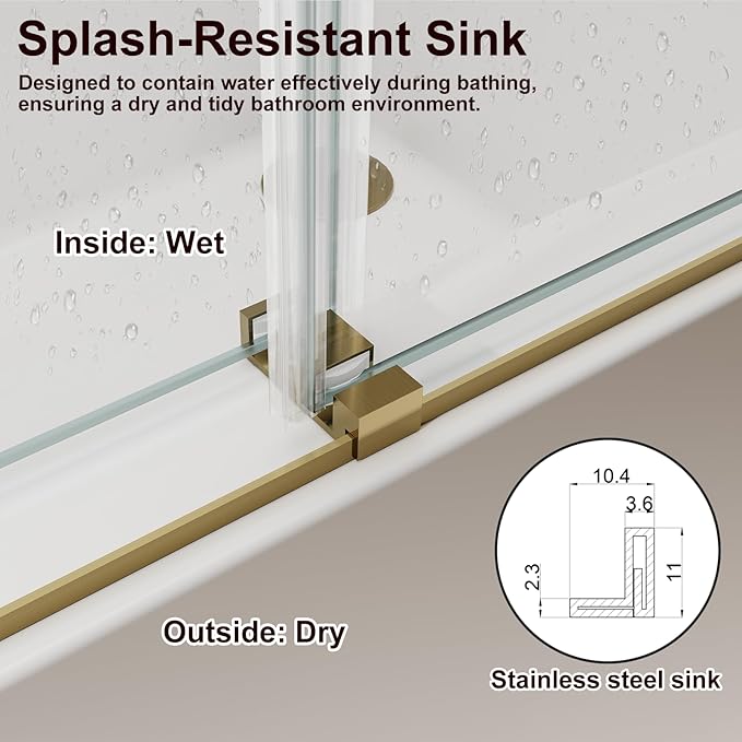 56-60" W x 60" H Double Sliding Bathtub Shower Door, 5/16" (8mm) Tempered Glass Frameless Shower Glass Door, Double Nano Coating, Pull Towel Rack (Brushed Gold)