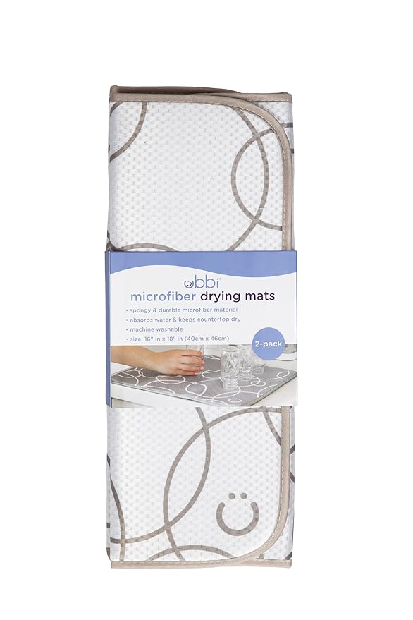 Ubbi Taupe Microfiber Dish Drying Mat, Baby Bottle Drying Mat, Kitchen Counter Dish Mat, Pack of 2