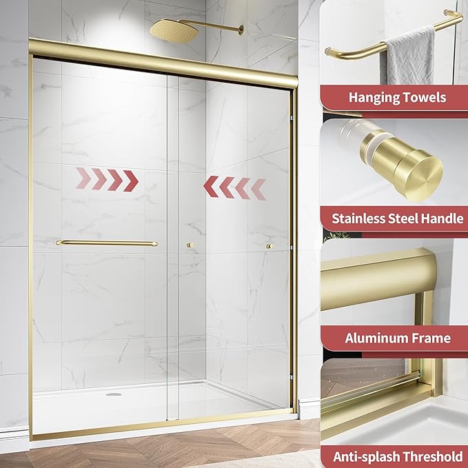 56-60" W x 76" H Semi-Frameless Double Sliding Glass Shower Door, 1/4" (6mm) Clear Tempered Glass, Bypass Sliding Shower Door for Bathroom, Easy to Clean (Brushed Gold, 60" W x 76" H)