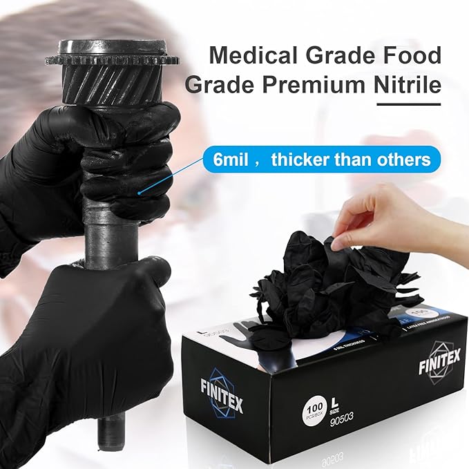FINITEX Black Nitrile Disposable Medical Exam Gloves - 100/1000 PCS 6.3mil Powder-Free Latex-Free Food Gloves