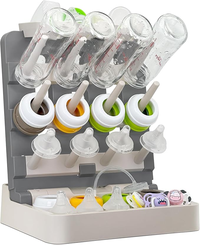Baby Bottle Drying Rack, Vertical Standing Bottle Dryer Rack Holder-Space Saving Baby Bottle Drying Rack for Countertop-Holds Up to 12 Baby Bottles & Cup(Gray & Khaki)