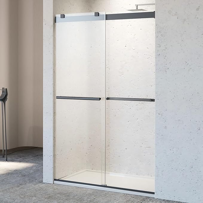 46-48" W x 76" H Soft-Close Frameless Double Sliding Shower Door, Bathroom Shower Glass Doors with 5/16" (8mm) SGCC Tempered Glass and Stainless Steel Handle, Easy to Install, Matte Black
