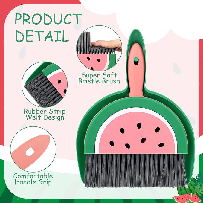 Ouligay Portable Small Broom and Dustpan Set with Durable Brush,Cute Mini Dustpan and Brush Sets, Lightweight Dust Pan and Broom Set for Desktop Small Space Cleaning(Watermelon)