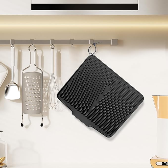 Silicone Dish Drying Mat for Kitchen Counter, Dish Drying Pad, Non-Slip Drain Pad with Built-in Drain, Heat Resistant Stone Drying Mat,Black-2pcs