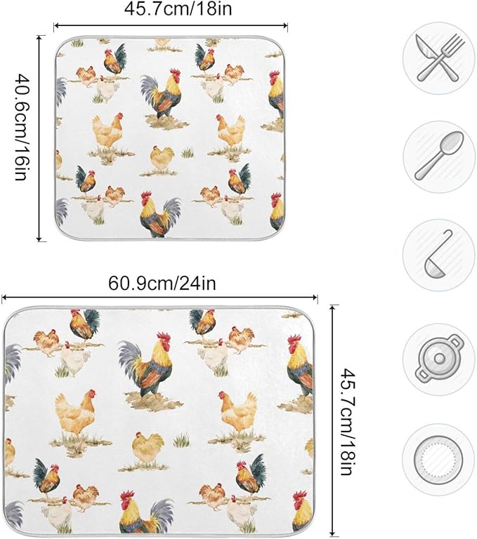 Tarity Watercolor Chickens And Rooster Dish Drying Mat for Kitchen Counter Absorbent Heat Resistant Microfiber Dishes Drainer Mat 18x24 in Large Dish Pad Sink Mat Protective Pad Kitchen Decor 16x18in
