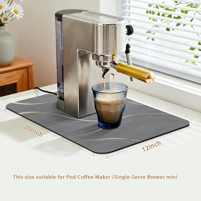 Coffee Bar Mat 20x12 Inch, Light Gray Streamline, Absorbent Hide Stain Rubber Backed Dish Drying Mat for Kitchen Counter,Bar Mat for Countertops, Under Coffee Bar Maker Machine Pot Espresso Machine