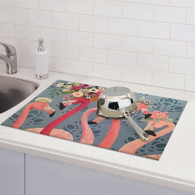 Flamingo Flowers Dish Drying Mat 18x24 Inch, Microfiber Absorbent Fast Dry Mat Large Dish Mat Drying Kitchen Mat, Kitchen Drying Pad for Kitchen Counter Coffee Bar Decor Gifts