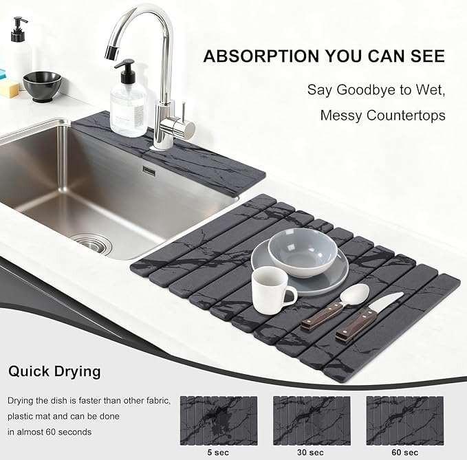 3 PCS Large Stone Dish Drying Mat for Kitchen Counter, Quick Dry Stone Dishes Mats, Sink Faucet Mat, Marble Water Absorbing Diatomaceous Earth Drying Pad for Countertop Tableware, Bottles, Cups