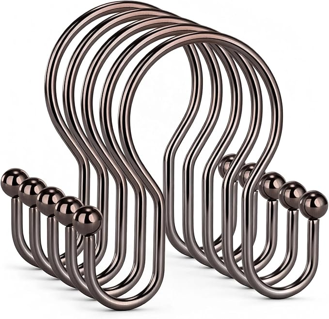 Goowin Shower Curtain Hooks, 12 Pcs Shower Curtain Rings, Stainless Steel Shower Curtain Hangers, Metal Shower Curtain Hooks Rings Rust Proof, Minimalist Shower Hooks for Shower Curtain, Bronze