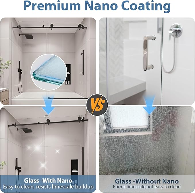 KPUY Tub Shower Door, 55-60" W x 60" H Frameless Sliding Bathtub Door, 1/4" (6mm) Thick Tempered Clear Glass with Explosion-Proof Film Nano Coating, Stainless Steel Frame, Matte Black