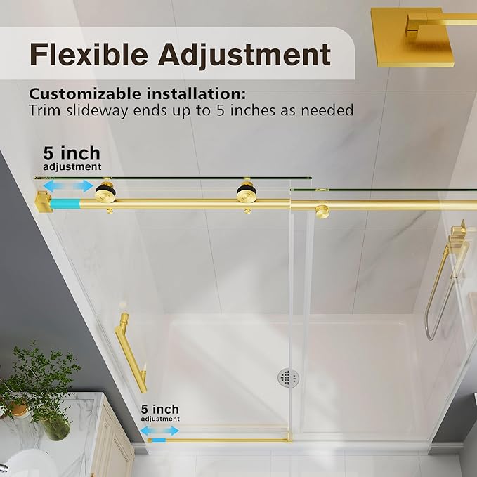 Frameless Glass Shower Door, 61-66" W x 76" H Sliding Frameless Shower Door, 1/4''(6mm) SGCC Tempered Glass, Explosion-Proof Film Nano Coating, Stainless Steel Hardware, Brushed Gold