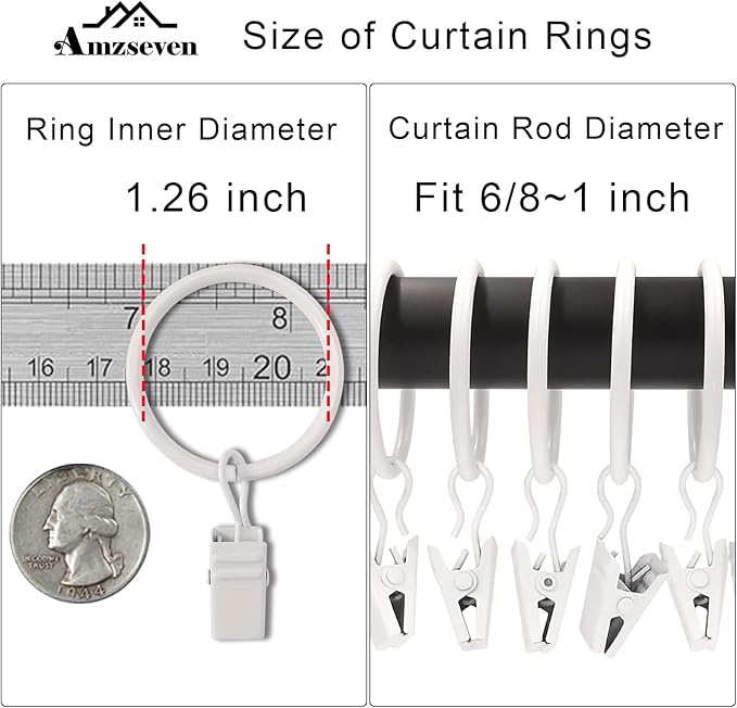 90 Pack Curtain Rings with Clips, Drapery Clips with Rings, Drapes Rings 1.26 in Interior Diameter, Fits up to 1 Inch Curtain Rod, White