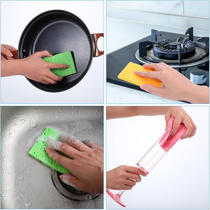 Sibba 16Pcs Cellulose Kitchen Sponges, 6 Color Compressed Cleaning Sponges, Natural Wood Pulp Non-Scratch Dish Sponge for Household Kitchen Bathroom, Dishwasher Safe, Durable & Reusable