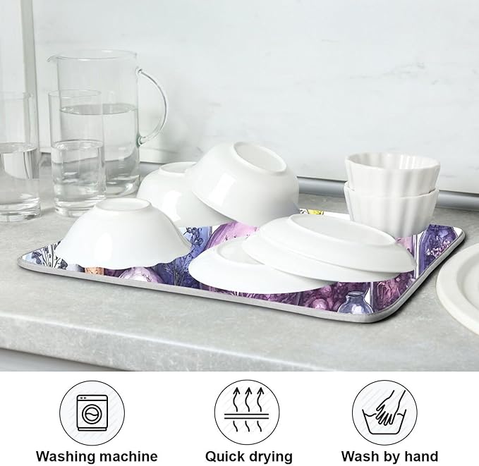 Halloween Potions Dish Drying Mat for Kitchen Countertop 16x18 Witch Herbs Purple Spooky Small Drying Mat Reusable Quick Dry Dish Sink Mats Easy Clean Decorative Essentials