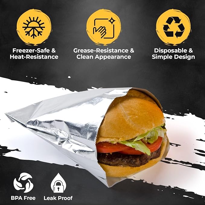 ANGEL’S PEEL LOUNGE Insulated Aluminum Foil Hamburger Bags - Precut Tin Foil Wraps For Burgers, Sandwiches, Hot Dogs, Heavy Duty Non Stick Grease-Resistant Food Wrapping, 6” x 11/8” x 61/2 100 PACK