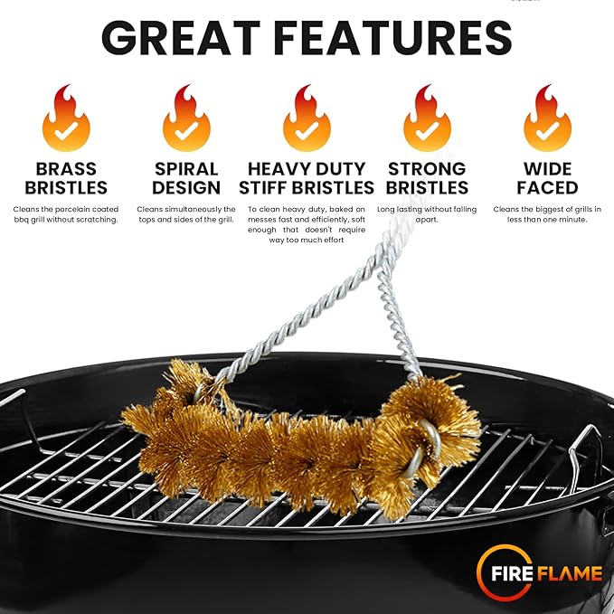 Fireflame BBQ Grill Brush – Non-Scratch Brass Bristles - 12-Inch Long Handle Barbecue Grill Cleaning Brush - Wide-Faced Spiral Heavy-Duty – Made in The USA