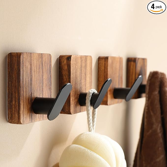 DELITON Towel Hooks for Bathrooms, 4 Pack Adhesive Wood Hooks for Hanging Robes, Towels, Coat, Key, Decorative Wall Utility Hook Heavy Duty