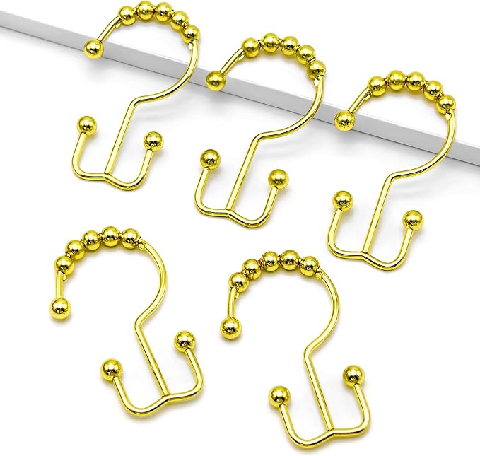 Shower Curtain Hooks, 12 Pcs Rustproof Metal Shower Curtain Rings,Free Sliding Double Shower Hooks for Shower Curtain & Liners, Shower Curtain Hangers for Bathroom Shower Curtain Rods Curtains (Gold)