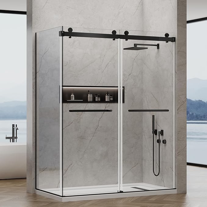60x76 in Frameless Double Sliding Shower Door with 32x76 in Side Panel, Nano Glass, 304 Stainless Steel in Matte Black, L-Shape Design, Reversible Install