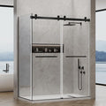 60x76 in Frameless Double Sliding Shower Door with 32x76 in Side Panel, Nano Glass, 304 Stainless Steel in Matte Black, L-Shape Design, Reversible Install