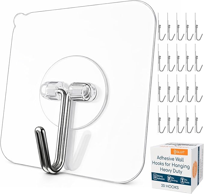 GLUIT Adhesive Wall Hooks for Hanging Heavy Duty 22 lbs Hooks for Walls No Damage, Towel Sticky Clear Hooks, Waterproof, Home, Bathroom, Kitchen, Office, and Outdoor 20 Pack