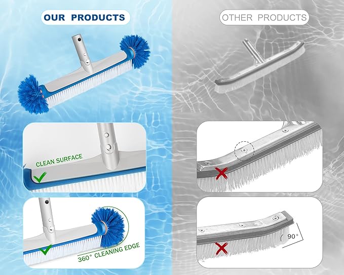 Professional Swimming Pool Brush Head, 17.5'' Aluminum Heavy Duty Pool Brushes for Cleaning Pool Walls, Tiles & Floors, Premium Nylon Bristles Brush with EZ Clips (Round Edge)