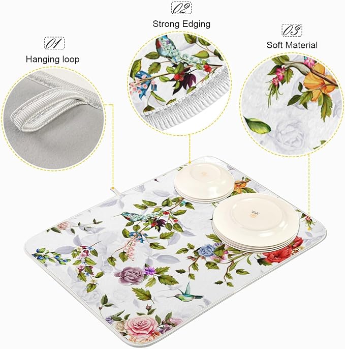 Tarity Rose Peony Poppy Hummingbirds Dish Drying Mat for Kitchen Counter Absorbent Heat Resistant Microfiber Dishes Drainer Mat 18x24 in Large Dish Pad Sink Mat Protective Pad Kitchen Decor
