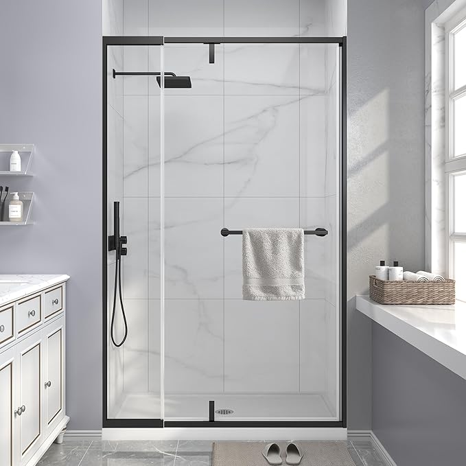 Semi Frameless Pivot Shower Door 42-48" W x 72" H, Swing Shower Glass Doors with Nano Explosion-Proof Film Tempered Glass 1/4"(6mm) Reversible Installtion, Matte Black Finish