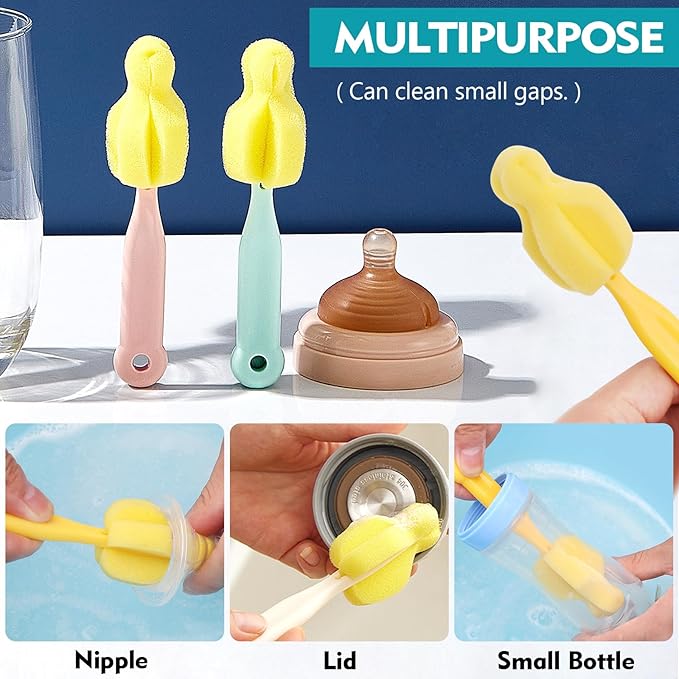 ponge Bottle Brush 6PCS Sponge Nipple Brushes Baby Bottle Nipple Cleaning Brush Long Handle Baby Milk Bottle Brush (6PCS)