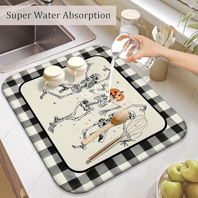 Halloween Dish Drying Mat for Kitchen Counter,Funny Skeleton Pattern Microfiber Drying Mat,Black and White Buffalo Plaid Background Washable Absorbent Countertop Holiday Dish Mat Drain Mat,16x18In