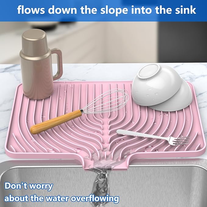 Dish Drying Matt for Kitchen Counter,10"14"18"20"Silicone Dry Rack Mat with Built in Drain, Kitchen Dry Mats for Dishes Drying Pad for Counter(18"×12"Pink)