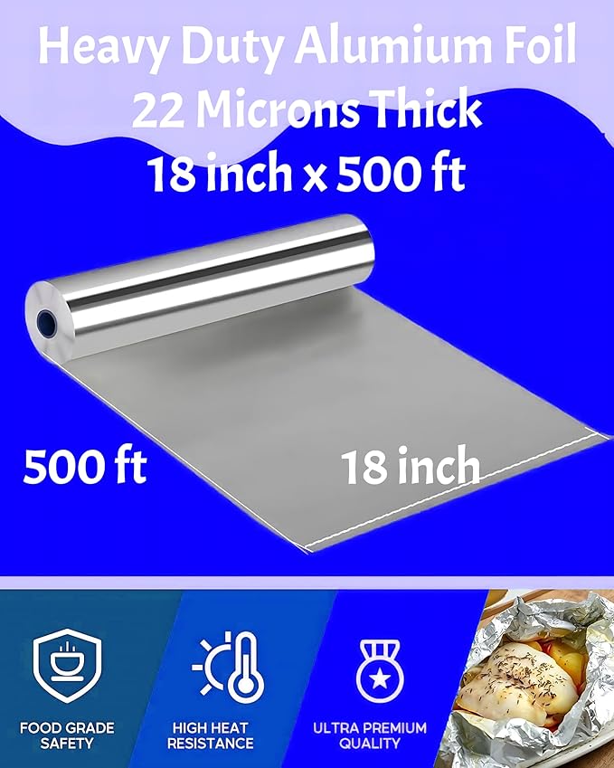 Aluminum Foil Wrap Roll 18 in x 500 Feet Long Industrial Size and Strength | Commercial Grade & Length Foil Wrap for Food Service Industry and Home Use Strong Silver (18 in x 500 ft, 1 Pack)
