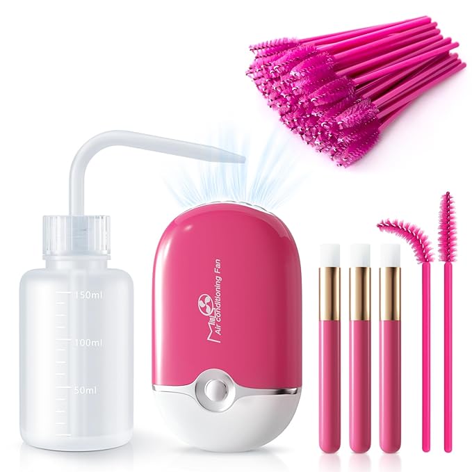 Lash Eyelash Fan Kit - Mini Portable Fans with 50 Lash Shampoo Brush, 3 Nose Blackhead Facial Cleaning Brush, 1 Plastic Wash Bottle (ROSE)