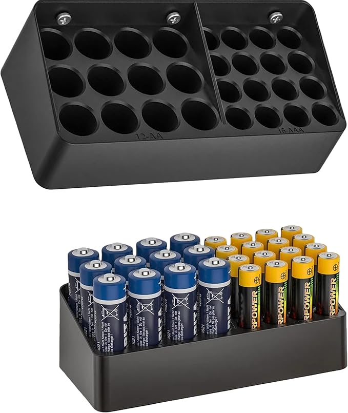 Battery Storage Organizer Battery Storage Box Black Fits 16 AAA & 12 AA Batteries Divided Battery Holder Fits Wall,Cabinets,Drawers (Case Not Includes Batteries)