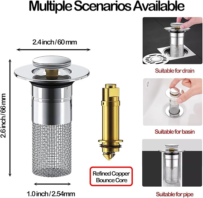 Pop Up Bathroom Sink Drain Strainer Hair Catcher, Sink Drain Stopper with Removable Stainless Steel Filter Basket, for US Universal Bathroom Kitchen Basin Sink Stopper Replacement, Silver