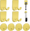 Razor Holder for Shower + Adhesive Wall Hooks, Premium 304 Stainless Steel Shower Razor Holder with Heavy Duty Waterproof Sticky Hooks for Hanging Towels, Coat, hat (4+4 Pack) - Gold